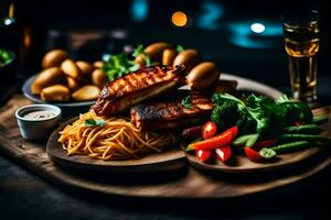 grilled chicken and noodles on a wooden board. AI-Generated photo