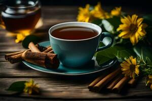 un taza de té con canela y flores en un de madera mesa. generado por ai foto