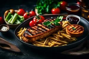 grilled salmon with french fries and tomatoes on a black background. AI-Generated photo