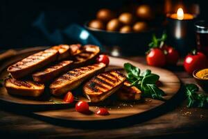 A la parrilla un pan en un de madera tablero con Tomates y especias generado por ai foto