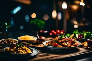 un mesa con bochas de comida y un botella de vino. generado por ai foto