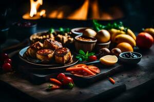 food on a table with a fire in the background. AI-Generated photo