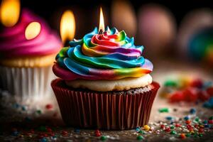 a cupcake with rainbow frosting and candles. AI-Generated photo