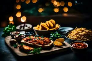 food on a wooden board with sauce, chips and other ingredients. AI-Generated photo