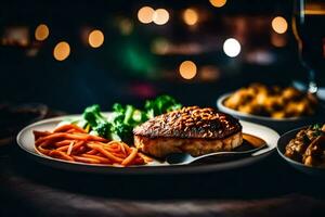 a plate of food with meat and vegetables on a table. AI-Generated photo