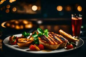 grilled salmon steak with tomatoes and bread on a plate. AI-Generated photo