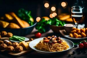 spaghetti with meatballs and vegetables on a wooden table. AI-Generated photo