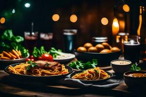 un mesa con platos de comida y bebidas generado por ai foto