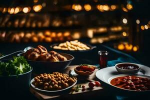 un mesa con comida y bebidas en él. generado por ai foto