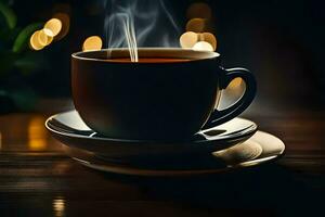 a cup of tea on a wooden table with a bokeh effect. AI-Generated photo