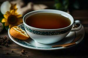 a cup of tea with orange slices and sunflower. AI-Generated photo