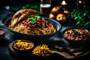 spaghetti with meat and sauce on a wooden table. AI-Generated photo