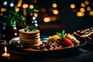 pancakes with fruit and sauce on a plate. AI-Generated photo