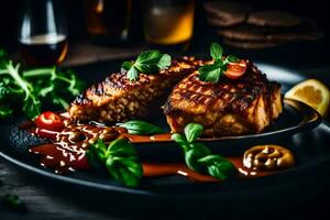 grilled salmon on a black plate with sauce. AI-Generated photo