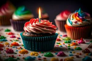 a cupcake with a lit candle on top. AI-Generated photo