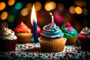 birthday candles and cupcakes on a table. AI-Generated photo