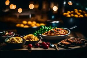 a table with pasta, meat and vegetables. AI-Generated photo