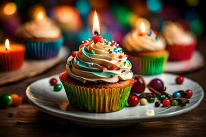 a cupcake with a candle on top and colorful sprinkles. AI-Generated photo