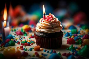 a cupcake with a candle on top and sprinkles. AI-Generated photo