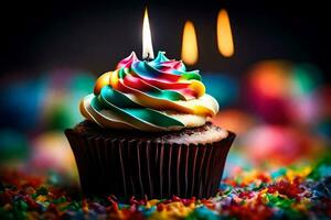 a cupcake with a rainbow frosting and a lit candle. AI-Generated photo