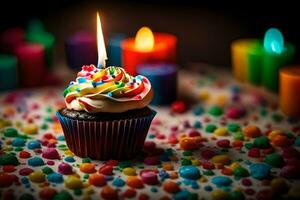 a cupcake with a lit candle on a table. AI-Generated photo
