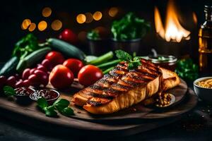 grilled salmon on a wooden cutting board with vegetables and sauce. AI-Generated photo