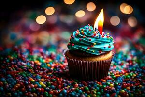 a cupcake with a lit candle on top of colorful sprinkles. AI-Generated photo