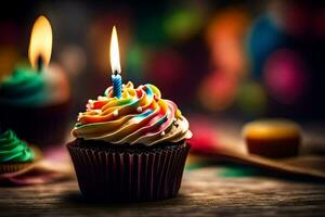 a cupcake with a lit candle on a table. AI-Generated photo