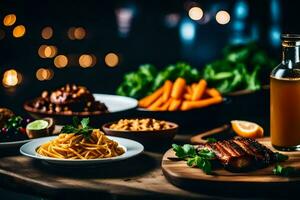 un mesa con comida y bebidas en él. generado por ai foto