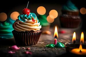 a cupcake with candles and a candle on a table. AI-Generated photo