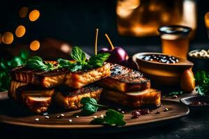 grilled tofu on a wooden plate with herbs. AI-Generated photo