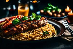 grilled salmon with spaghetti and vegetables on a dark background. AI-Generated photo