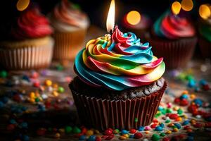 a cupcake with a rainbow frosting and a lit candle. AI-Generated photo