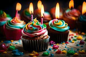 many colorful cupcakes with candles. AI-Generated photo