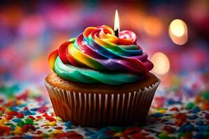 a cupcake with a rainbow colored frosting and a single candle. AI-Generated photo