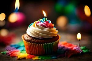 a cupcake with a rainbow frosting and a lit candle. AI-Generated photo