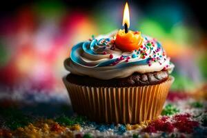a cupcake with a candle on top of a colorful background. AI-Generated photo