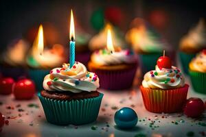 birthday candles on cupcakes with colorful sprinkles. AI-Generated photo