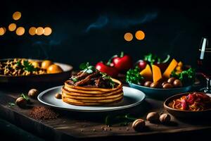 pancakes with meat and vegetables on a table. AI-Generated photo