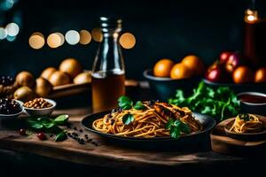 espaguetis con salsa y vegetales en un de madera mesa. generado por ai foto