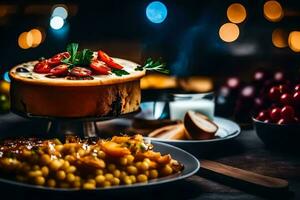 a plate of food with a cake and corn. AI-Generated photo
