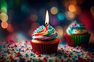 two cupcakes with colorful sprinkles and a lit candle. AI-Generated photo