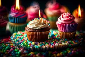 many cupcakes with candles are on a table. AI-Generated photo