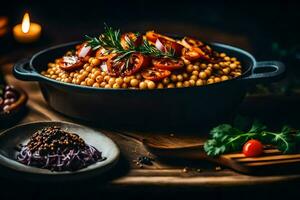 un cuenco de garbanzos con Tomates y hierbas. generado por ai foto