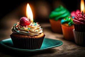 a cupcake with a lit candle on top. AI-Generated photo