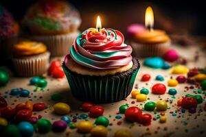 a cupcake with a candle on top surrounded by colorful candies. AI-Generated photo