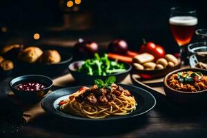 spaghetti with meatballs and vegetables on a table. AI-Generated photo