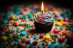 a cupcake with a lit candle on top surrounded by colorful sprinkles. AI-Generated photo