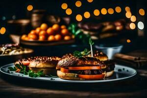 un plato de comida con carne y vegetales. generado por ai foto