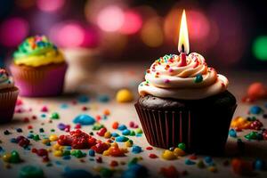 birthday candles and cupcakes on a table. AI-Generated photo